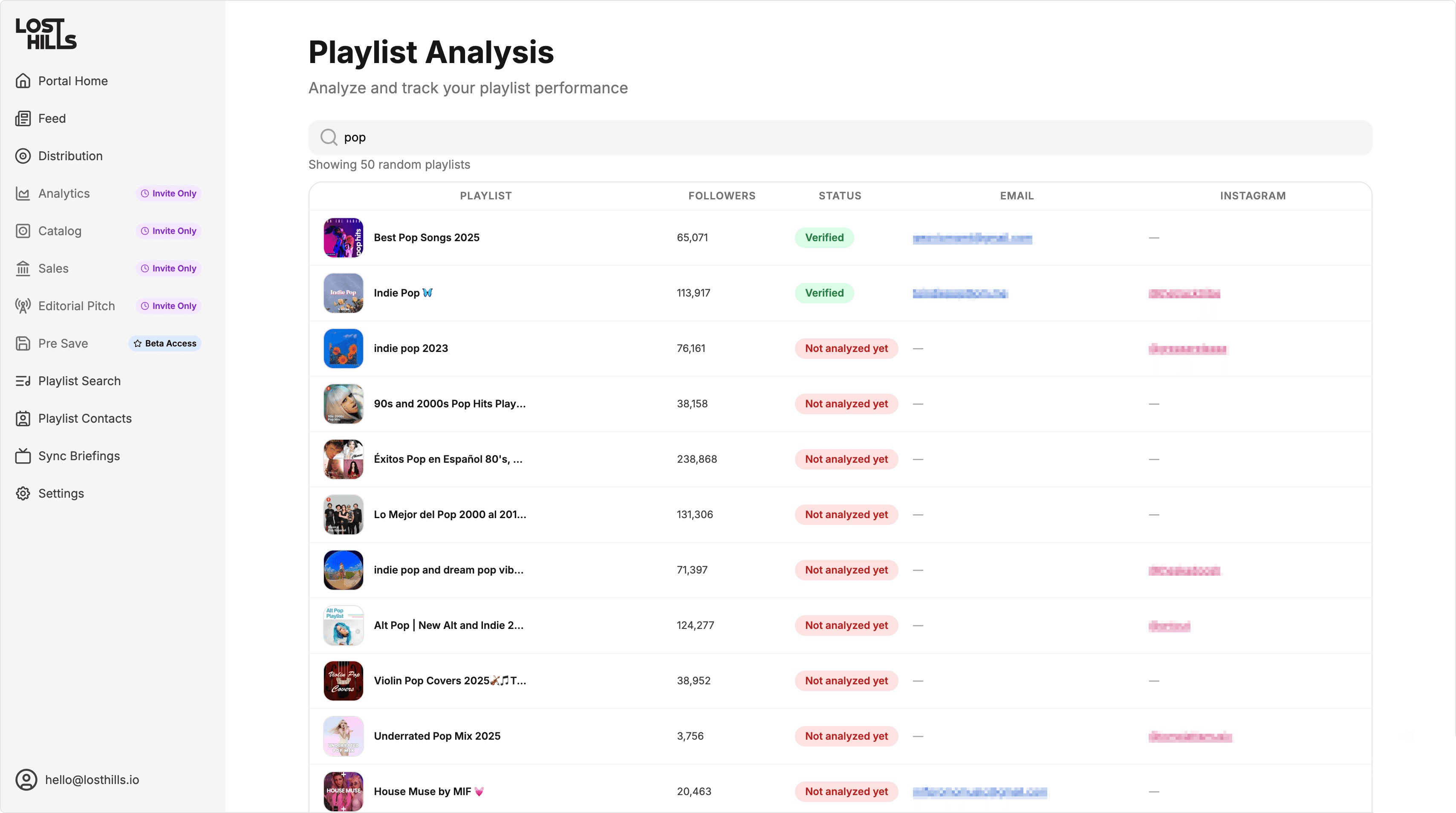Lost Hills dashboard screenshot showing music analytics and tools